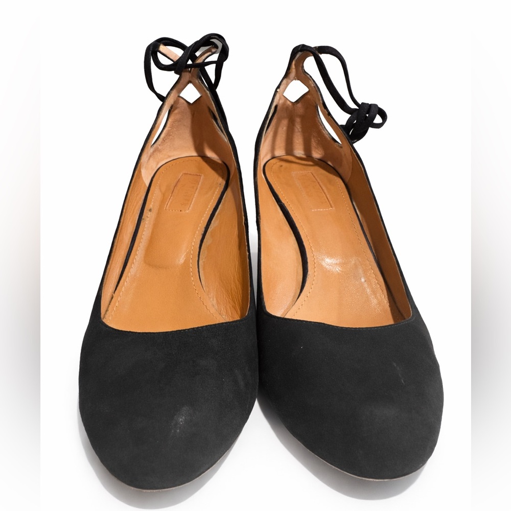 Aquazzura Black Suede Ankle-Tie Block Heels with Gold Embellished Heel - Picture 6 of 13